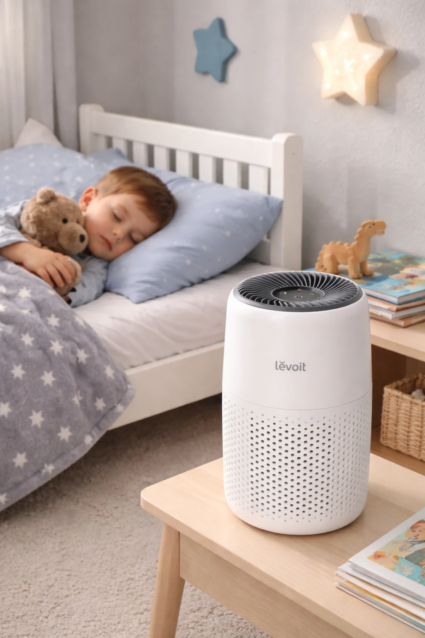 LEVOIT Core Mini-P cozy bedroom night scene